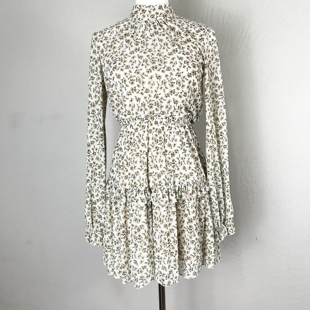 Sadie & Sage Dress Long Sleeve Brown Ditsy Floral Mesh High Neck Mini Sz XS NEW